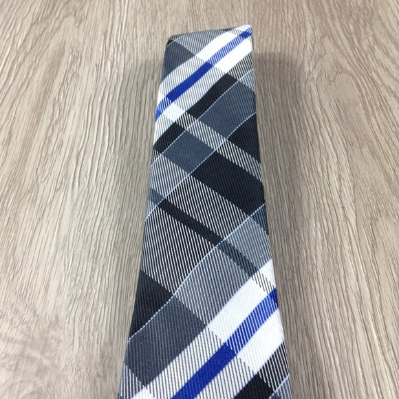 JF J. Ferrar Gray & Blue Plaid Narrow Tie - Picture 2 of 3